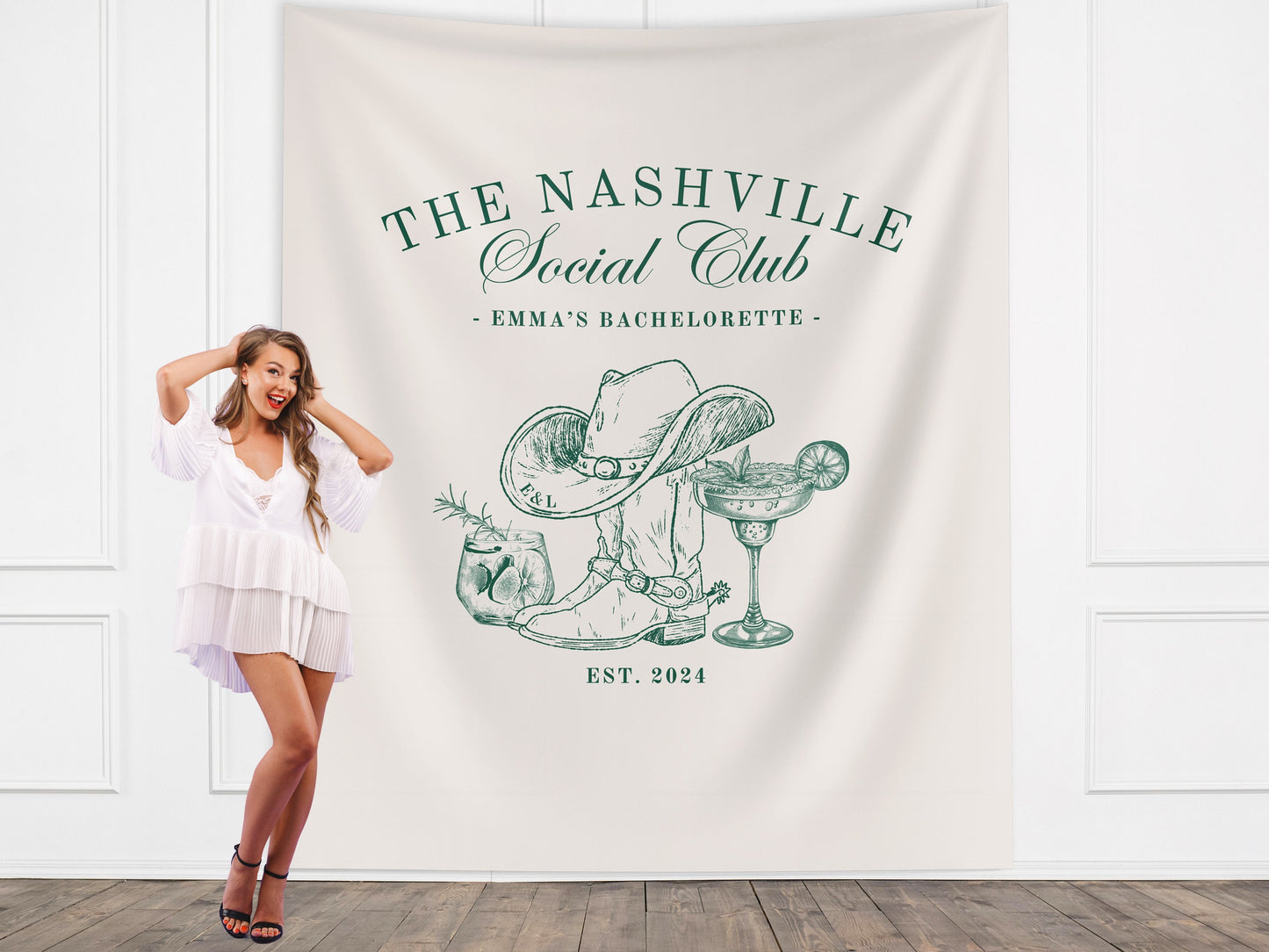 The Nashville Social Club Custom Luxury Bachelorette Banner, Last Name Bridal Gift, Cowgirl Western Girls Trip, Personalized Bride Backdrop