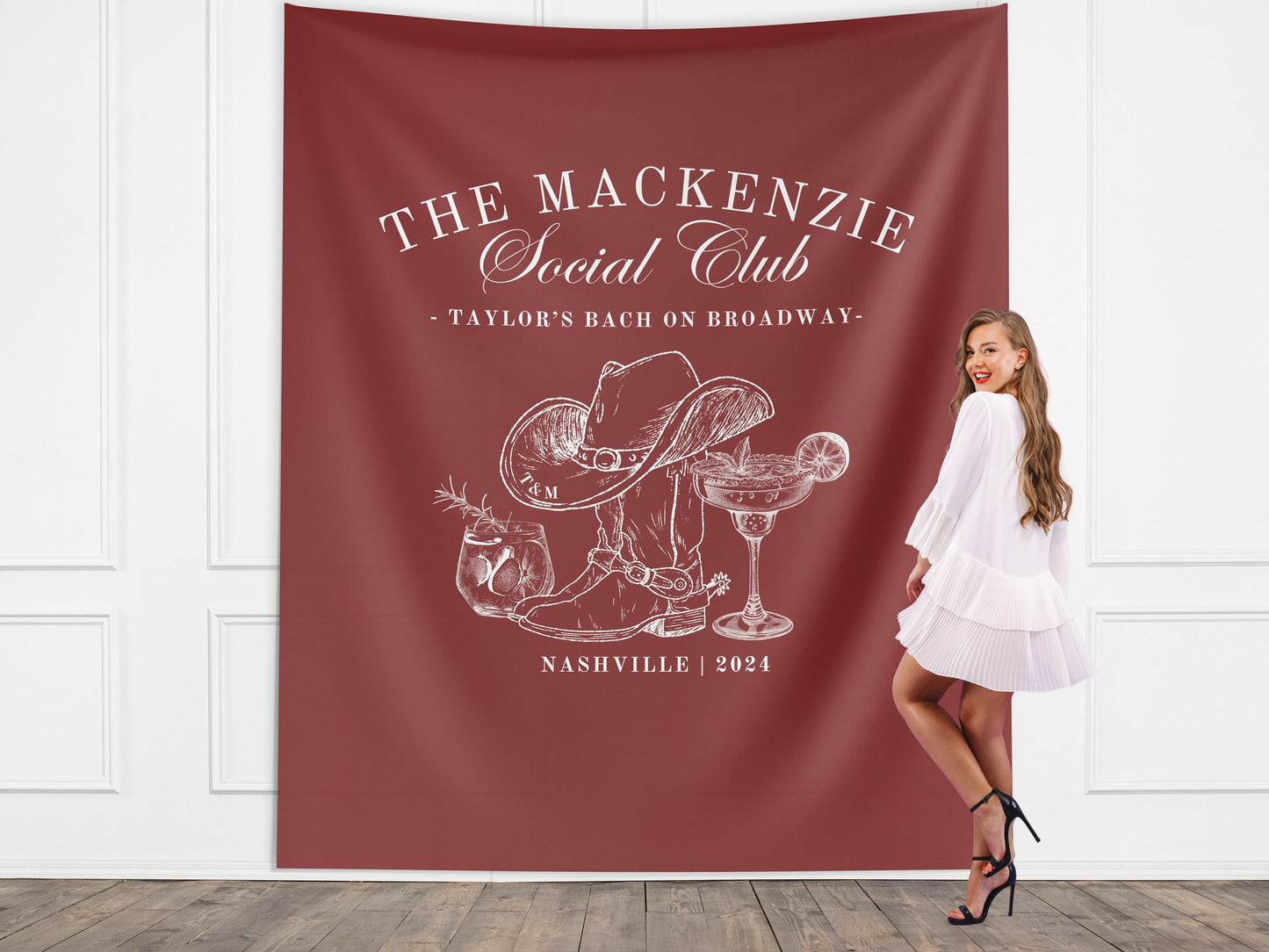 The Nashville Social Club Custom Luxury Bachelorette Banner, Last Name Bridal Gift, Cowgirl Western Girls Trip, Personalized Bride Backdrop