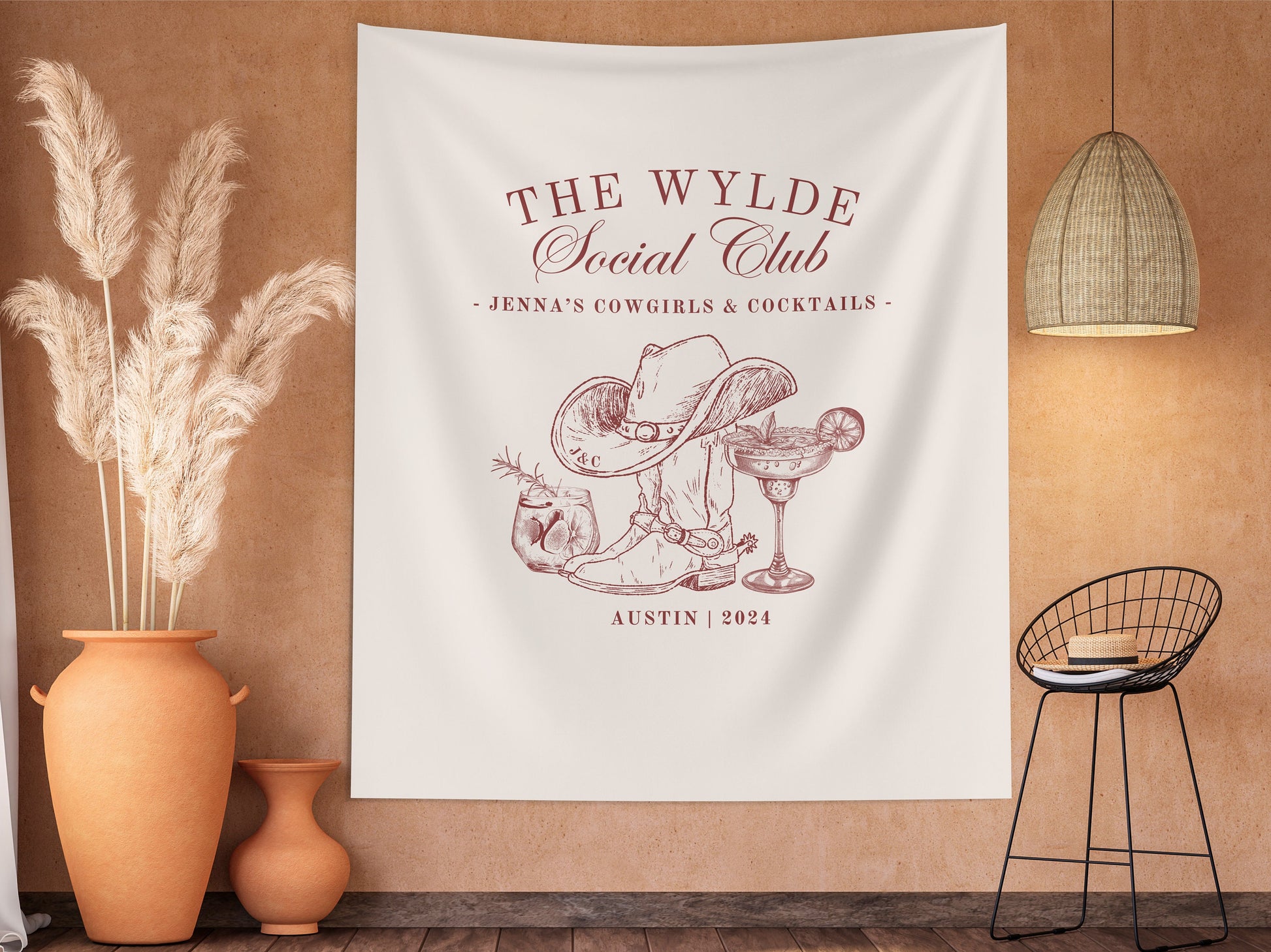 The Nashville Social Club Custom Luxury Bachelorette Banner, Last Name Bridal Gift, Cowgirl Western Girls Trip, Personalized Bride Backdrop