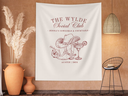 The Nashville Social Club Custom Luxury Bachelorette Banner, Last Name Bridal Gift, Cowgirl Western Girls Trip, Personalized Bride Backdrop