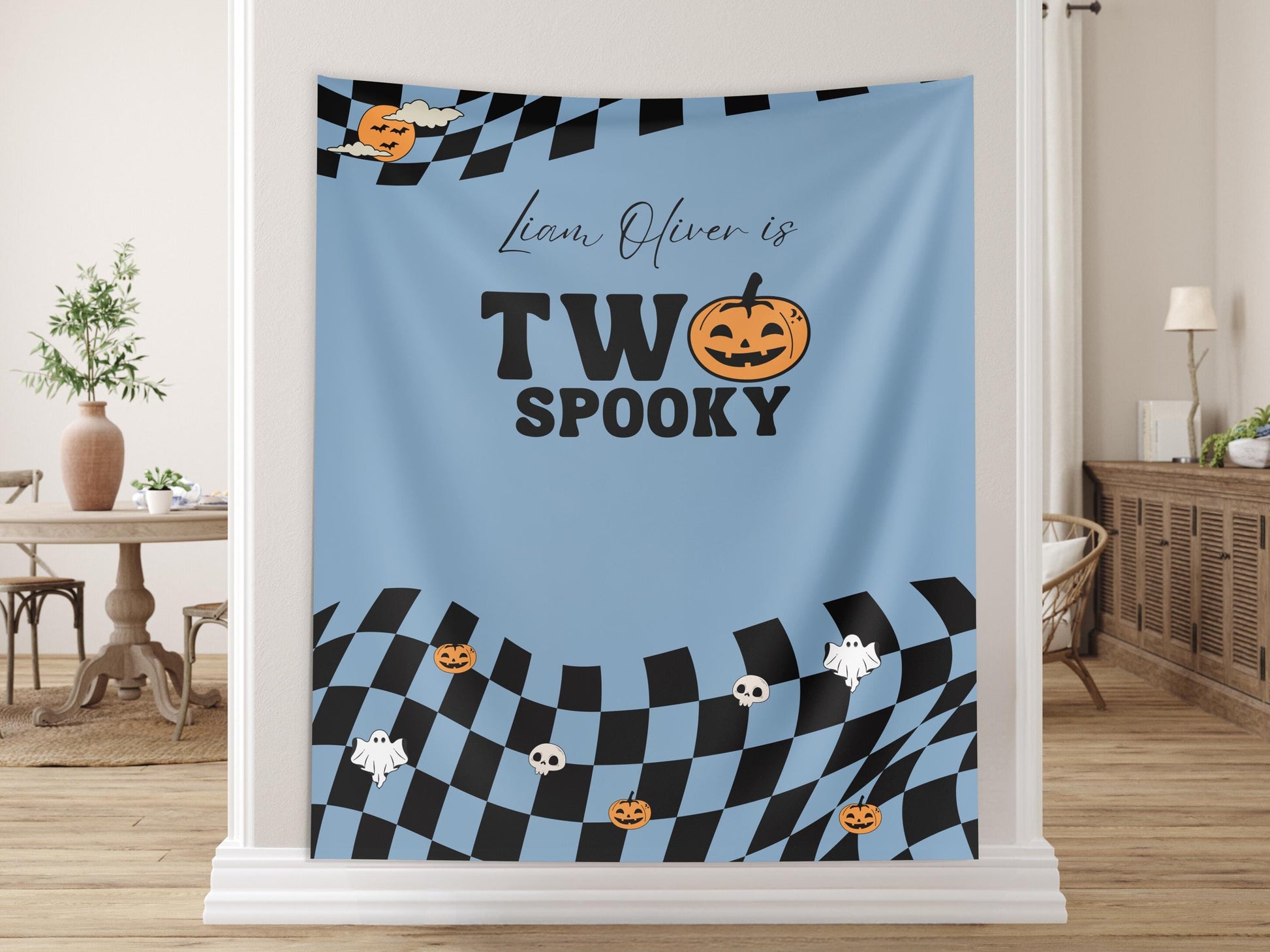 One Spooky Dude Halloween Birthday Party Banner, Completely Customizable Text Name Backdrop, Our Little Boo, Our Little Pumpkin, Two Spooky