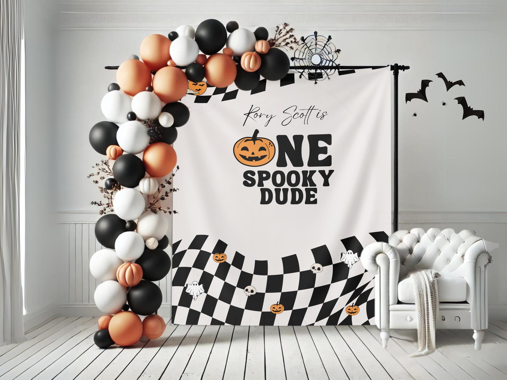 One Spooky Dude Halloween Birthday Party Banner, Completely Customizable Text Name Backdrop, Our Little Boo, Our Little Pumpkin, Two Spooky