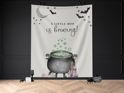 A Baby is Brewing Halloween Baby Shower Banner, Customizable Text Witch Halloween Backdrop, Spooky Fall Gender Reveal or Baby Shower Décor