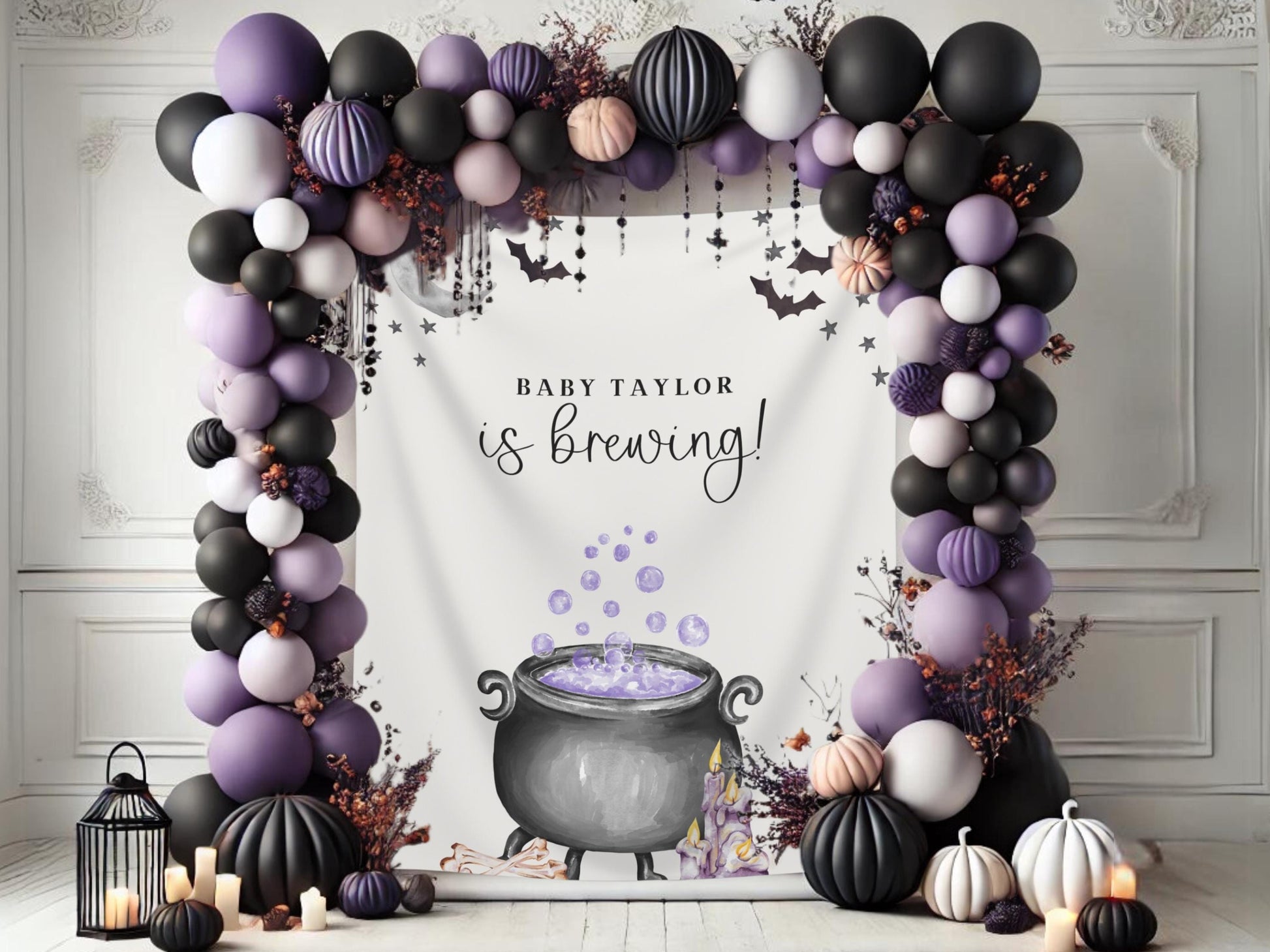 A Baby is Brewing Halloween Baby Shower Banner, Customizable Text Witch Halloween Backdrop, Spooky Fall Gender Reveal or Baby Shower Décor