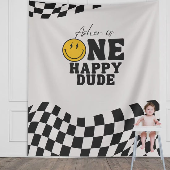 One Happy Dude Custom Birthday Banner, Retro Smiley Face Boy Birthday Party Theme, Checkered Flag Banner, Lightning Bolt Smiley, Two Cool