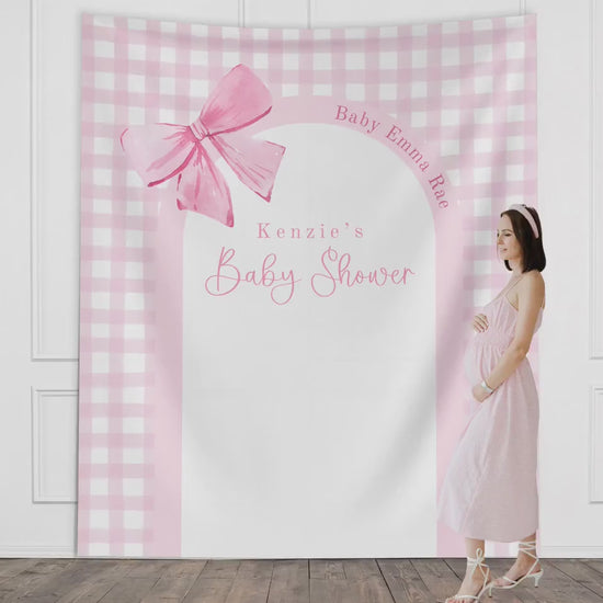 Pink Bow Baby Shower Custom Banner, Girl Baby Shower, Completely Customizable Party Backdrop, Baby Sprinkle, Gender Reveal, Blue Gingham