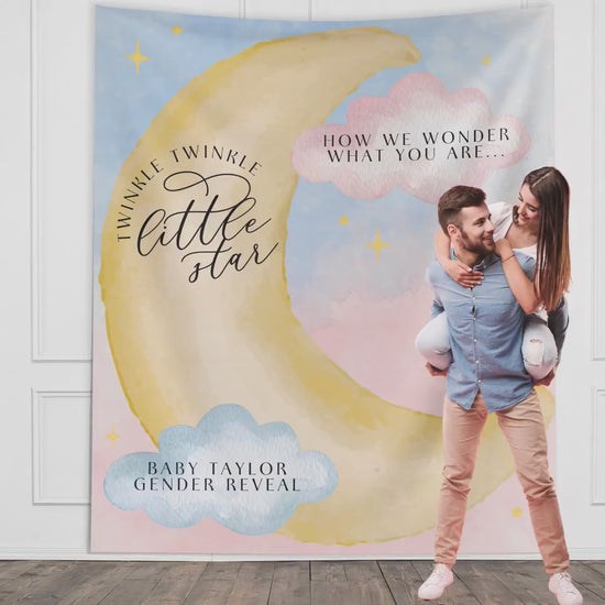 Twinkle Little Star Gender Reveal Banner, Over the Moon Backdrop, Moon and Stars Baby Shower Backdrop, Baby Shower Décor, Girl Baby Shower