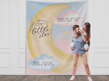 Twinkle Little Star Gender Reveal Banner, Over the Moon Backdrop, Moon and Stars Baby Shower Backdrop, Baby Shower Décor, Girl Baby Shower