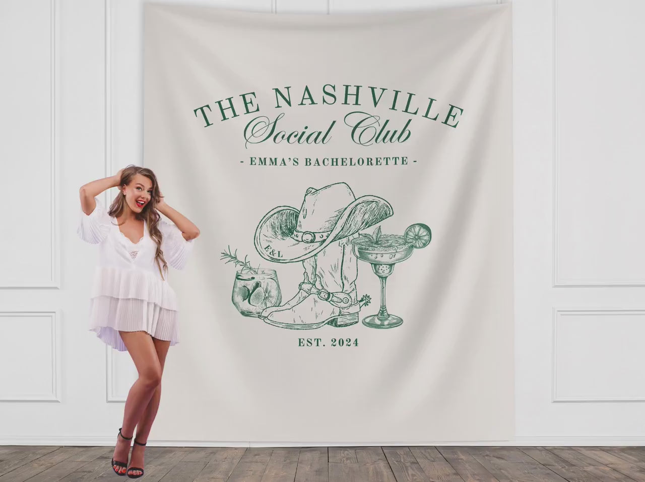 The Nashville Social Club Custom Luxury Bachelorette Banner, Last Name Bridal Gift, Cowgirl Western Girls Trip, Personalized Bride Backdrop