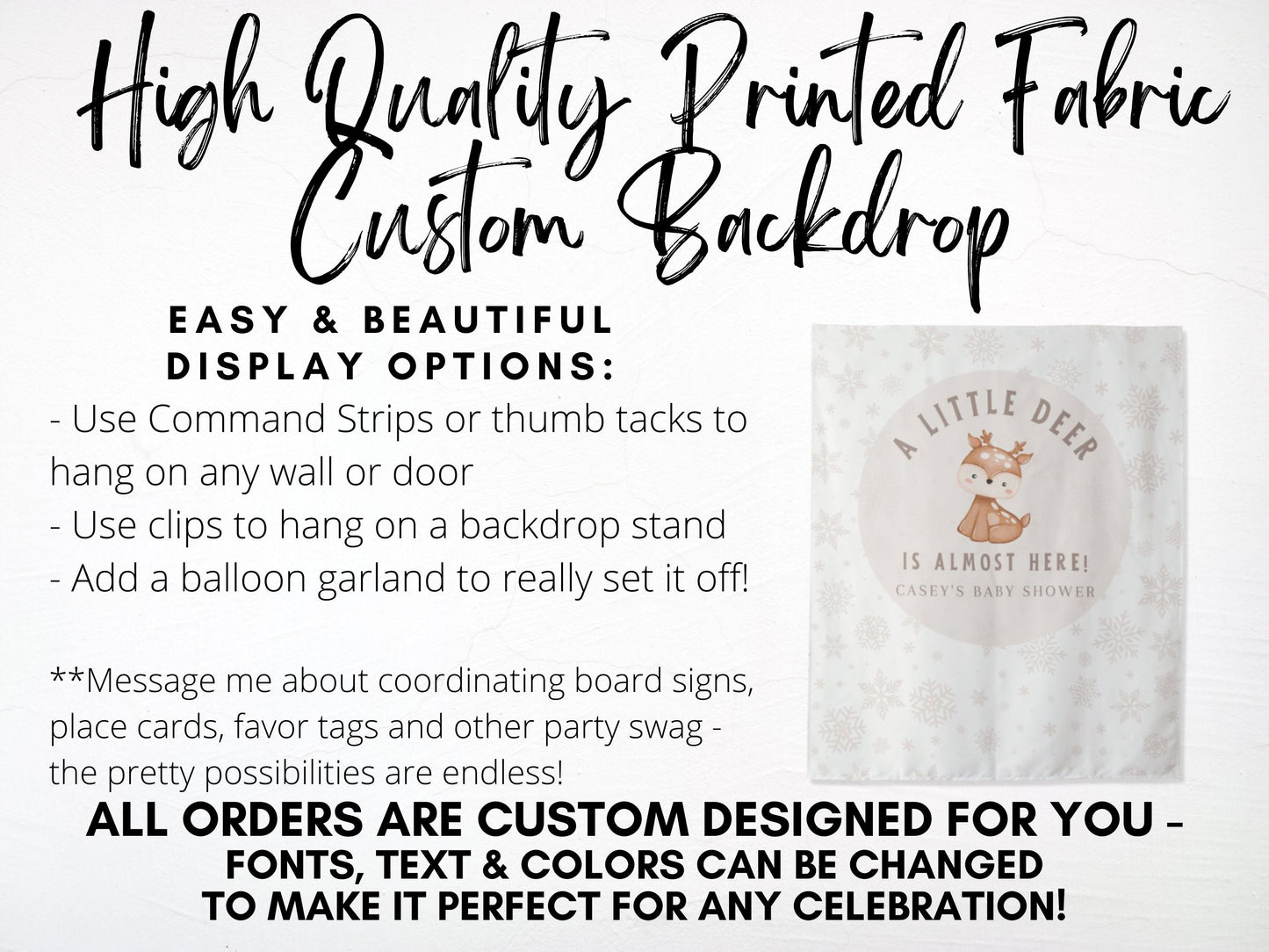 A Little Deer Is Almost Here Custom Baby Shower Backdrop | Winter Woodland Theme Baby Shower Décor