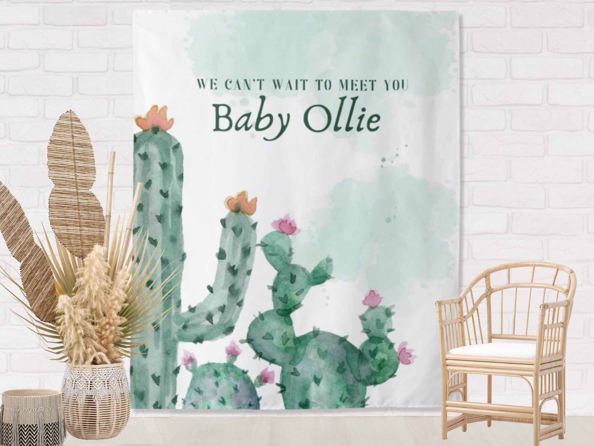 Desert Cactus Custom Text Shower or Party Backdrop | Personalized Boho Baby Shower, Bridal Shower, Bachelorette or Birthday Photo Booth