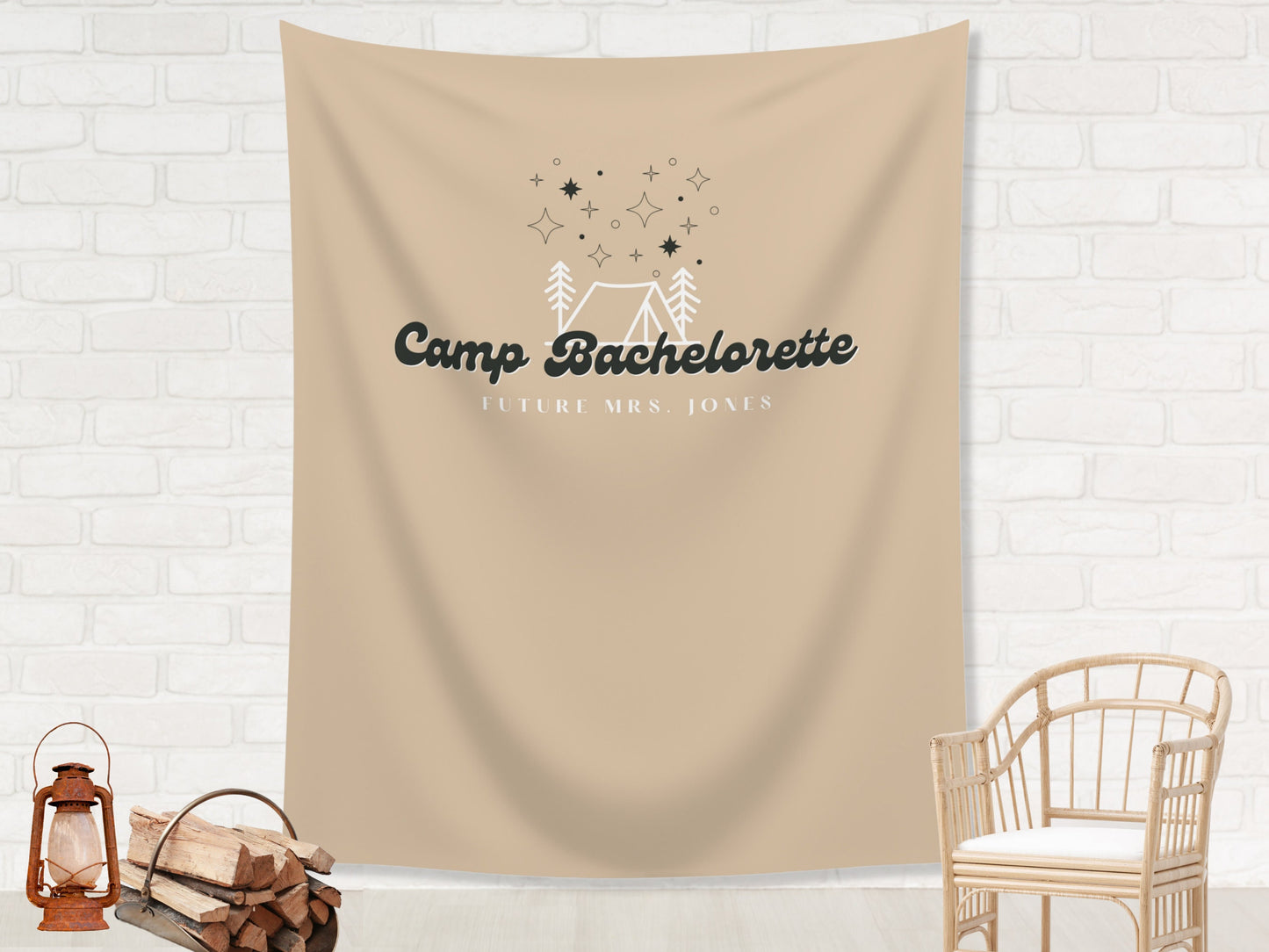Retro Camp Bachelorette Party Custom Text Backdrop | Mountain Lake Bachelorette Party Personalized Banner