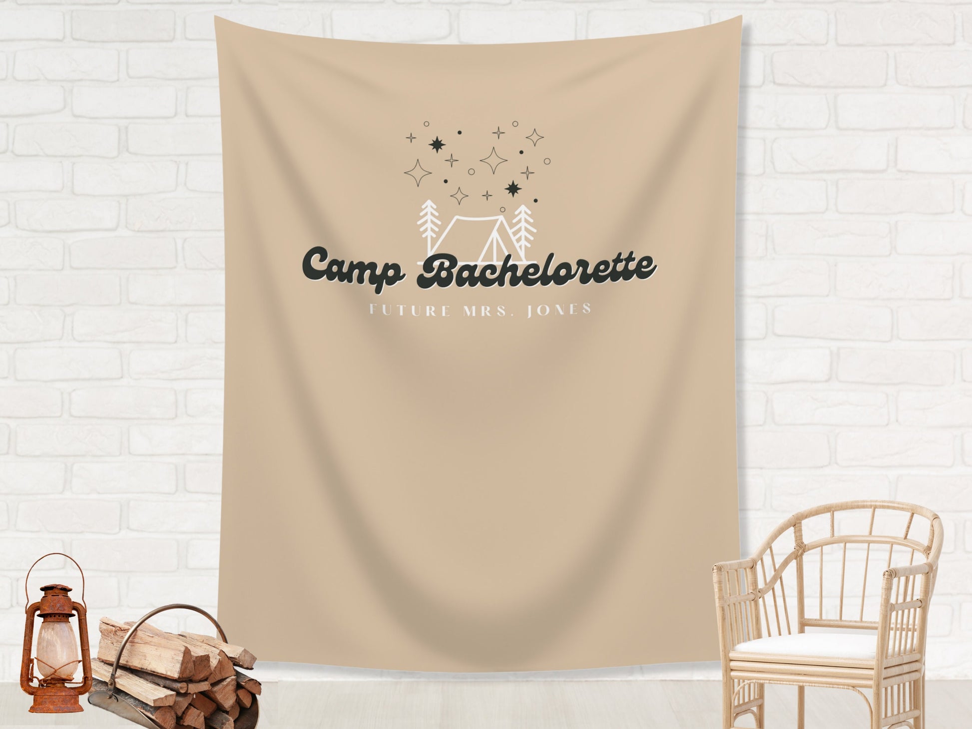 Retro Camp Bachelorette Party Custom Text Backdrop | Mountain Lake Bachelorette Party Personalized Banner