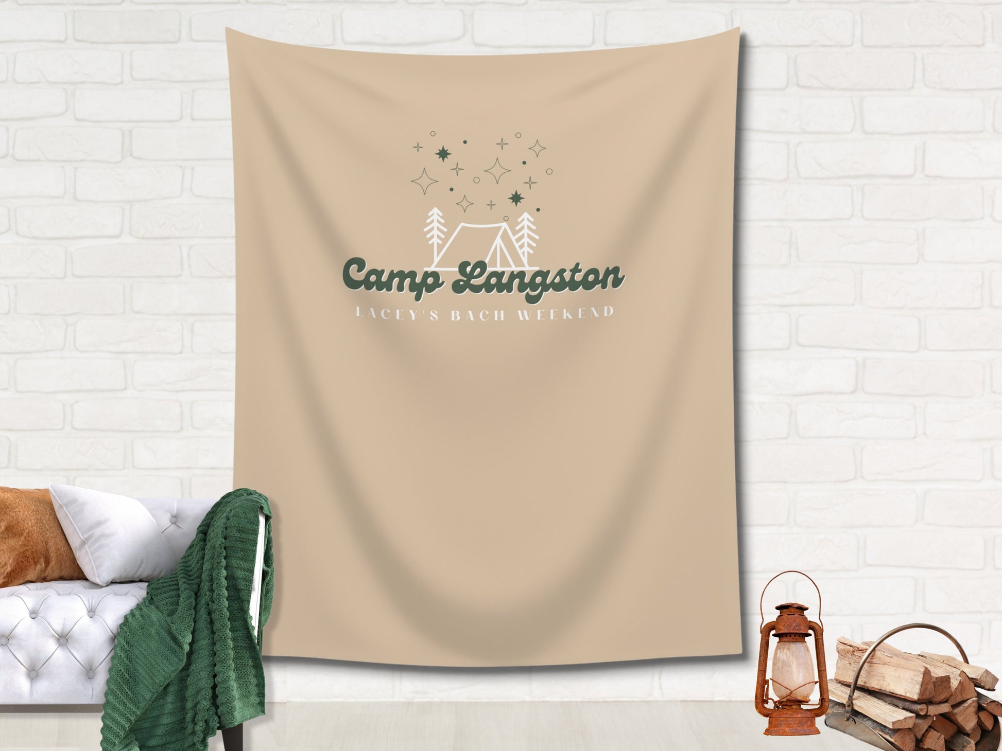 Retro Camp Bachelorette Party Custom Text Backdrop | Mountain Lake Bachelorette Party Personalized Banner
