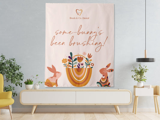 Some Bunny Has Been Brushing Custom Logo Dentist Office Backdrop | Personalized Branded Dental Waiting Room Photo Booth
