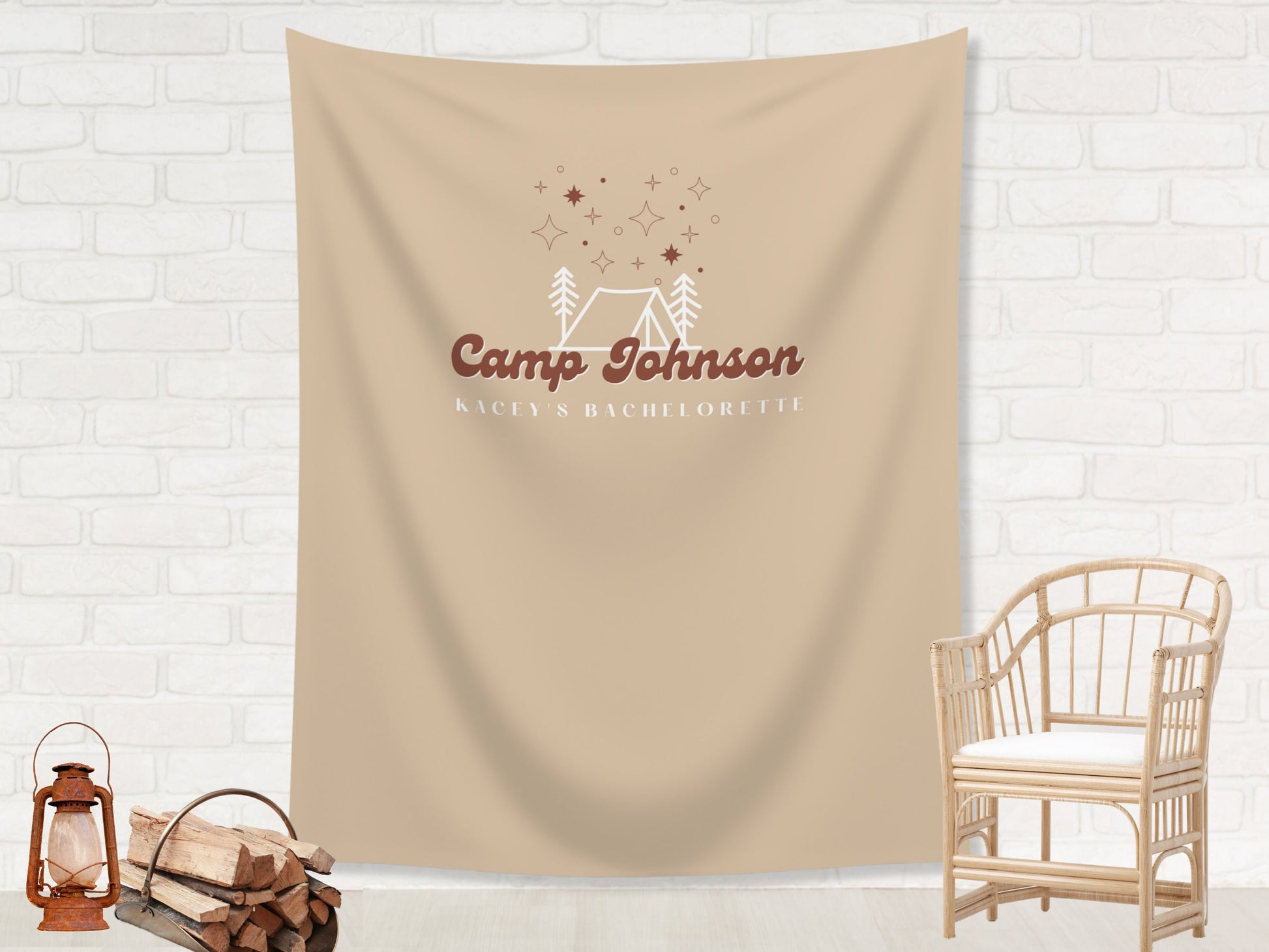 Retro Camp Bachelorette Party Custom Text Backdrop | Mountain Lake Bachelorette Party Personalized Banner