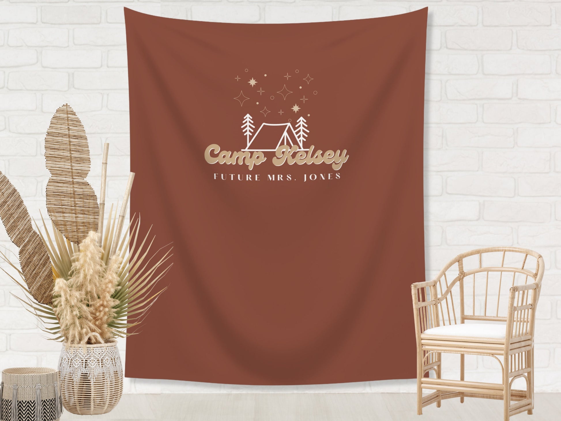 Retro Camp Bachelorette Party Custom Text Backdrop | Mountain Lake Bachelorette Party Personalized Banner