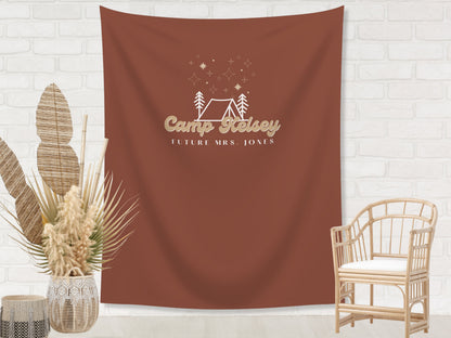Retro Camp Bachelorette Party Custom Text Backdrop | Mountain Lake Bachelorette Party Personalized Banner