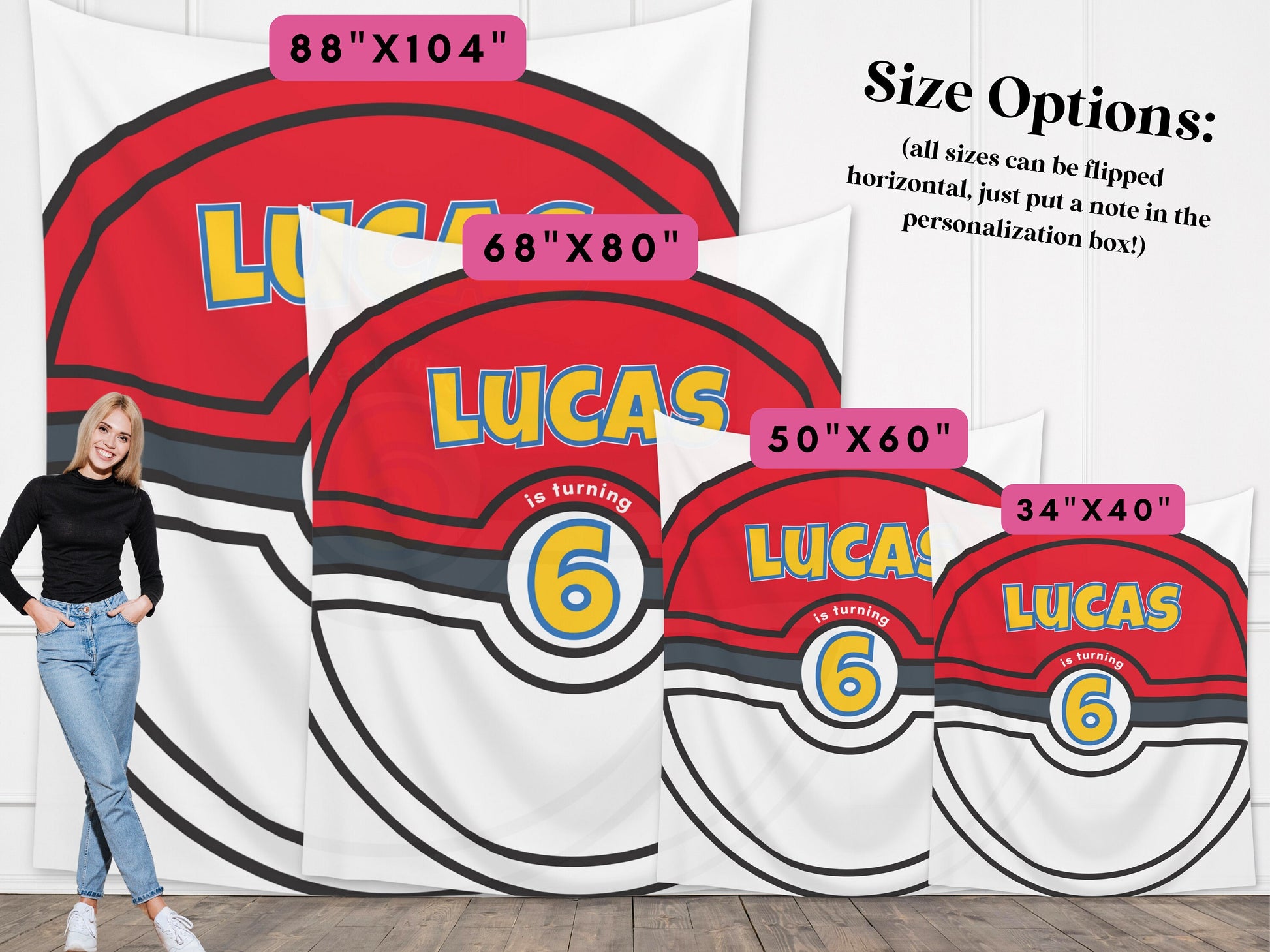Cartoon Custom Birthday Ball Backdrop | Boy Birthday Party Theme | Red and White Ball or Gold Ball | Poke Party Decorations | Anime Cards
