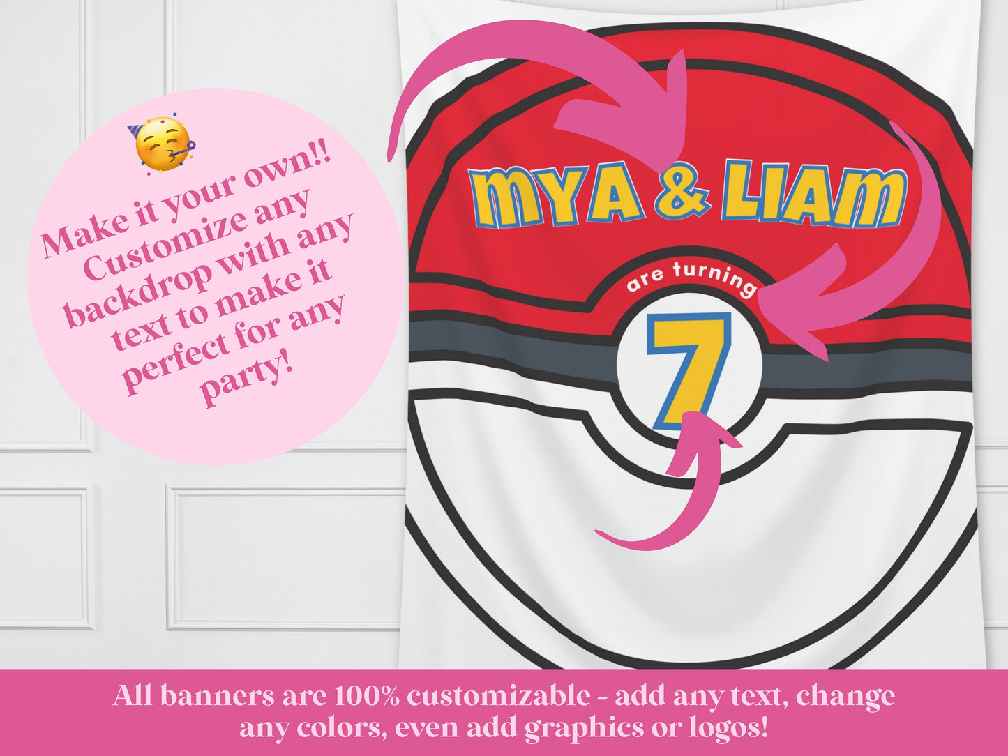 Cartoon Custom Birthday Ball Backdrop | Boy Birthday Party Theme | Red and White Ball or Gold Ball | Poke Party Decorations | Anime Cards