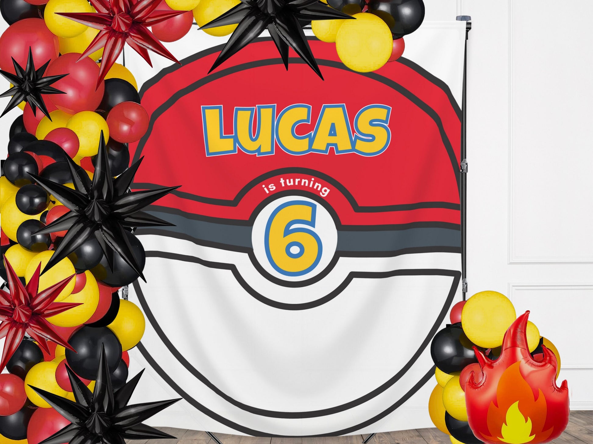 Cartoon Custom Birthday Ball Backdrop | Boy Birthday Party Theme | Red and White Ball or Gold Ball | Poke Party Decorations | Anime Cards